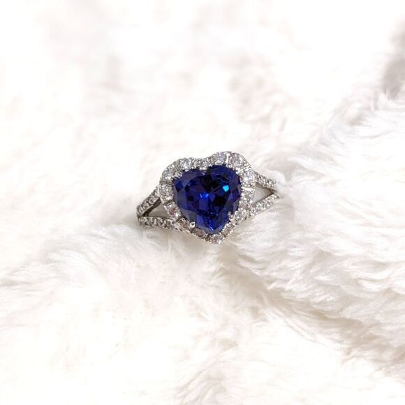 NWOT Heart Shaped Simulated Sapphire & Cubic Zirconia, Sterling Silver Ring - Picture 4 of 14
